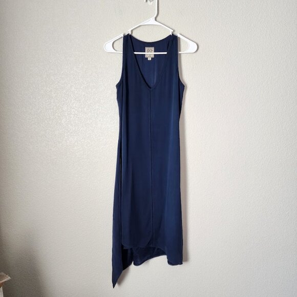 GOSILK Silk Asymmetrical V Neck Dress Navy XS Minimalist Resort Evening - Picture 3 of 10